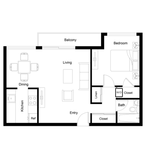 a floor plan of a studio apartment with a bedroom and a living room